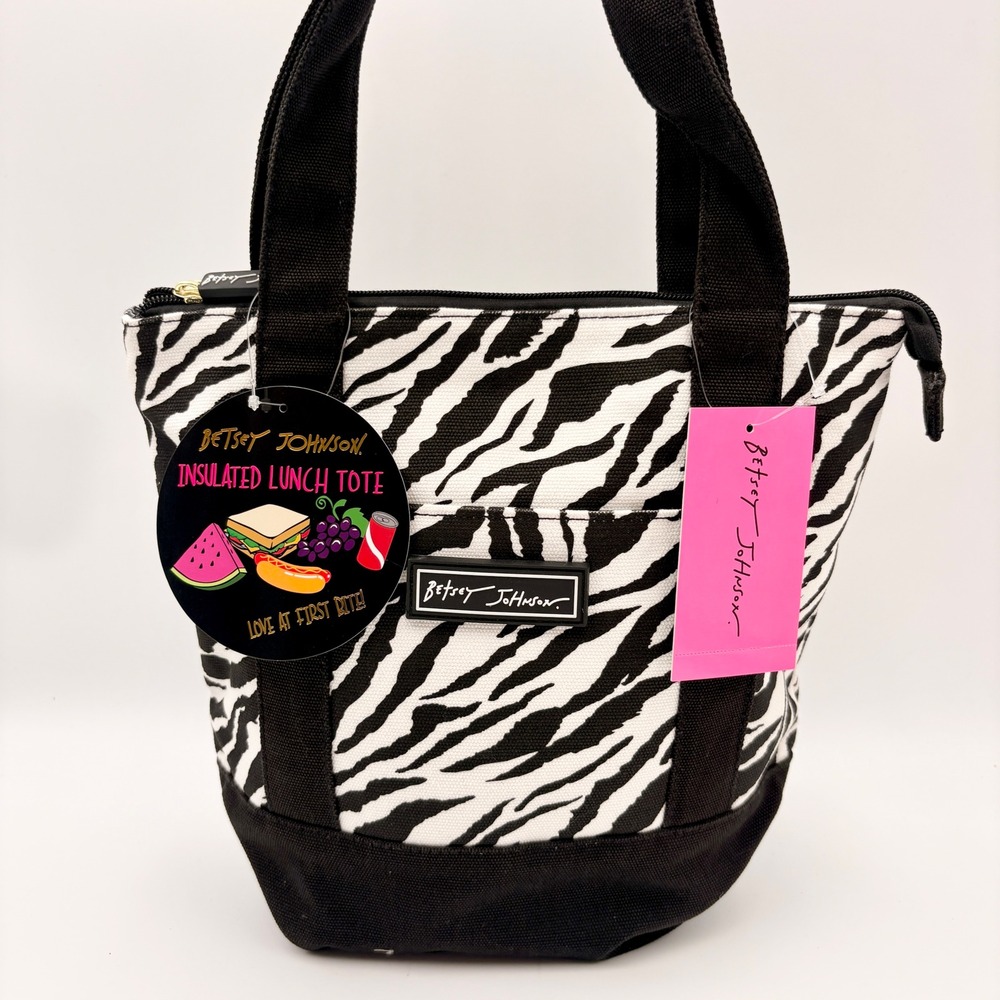 Betsey Johnson Zebra Print Insulated Canvas Lunch Tote Bag Black White
